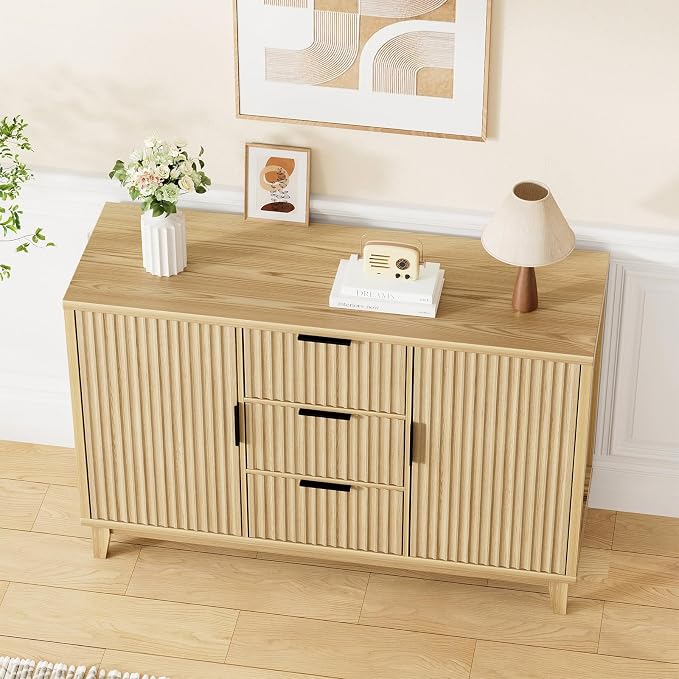 47.2" W Storage Cabinet with 3 Drawers, Fluted Buffet Cabinet with Storage - Image 9