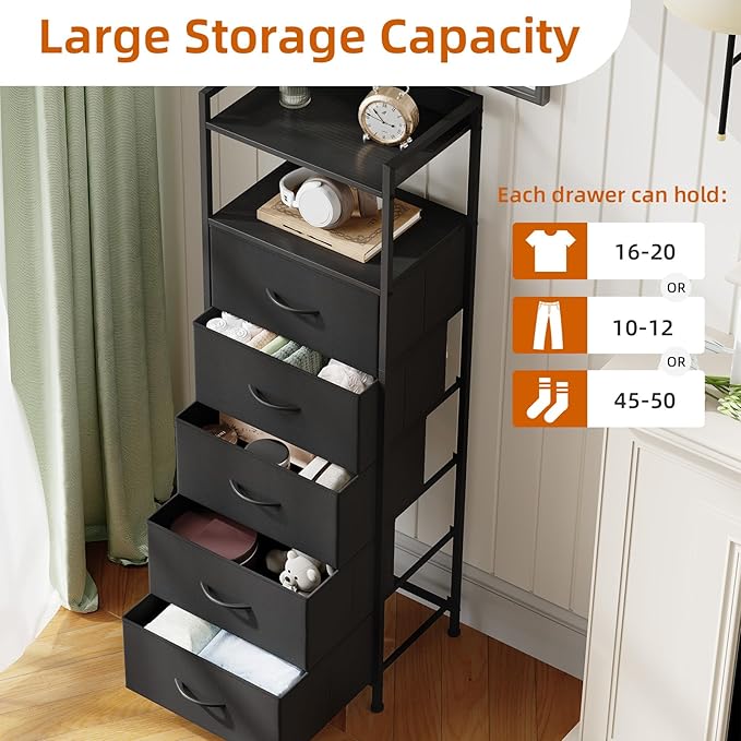 Somdot Tall Dresser for Bedroom, 5 Drawers Nightstand Vertical Storage Tower - Image 5