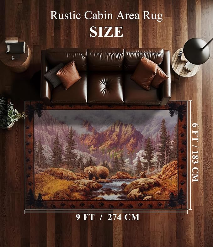 Rustic Cabin Area Rug for Bedroom 6x9, Machine Washable Woodland Bear Rug - Image 2