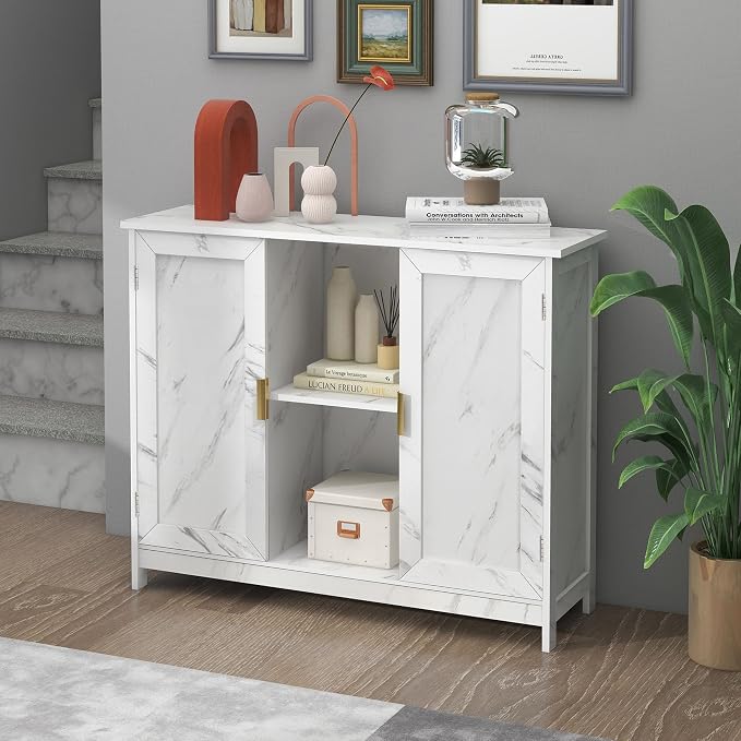 TaoHFE Marble Top Narrow Sideboard Cabinet, Modern White Marble Side Buffet - Image 2