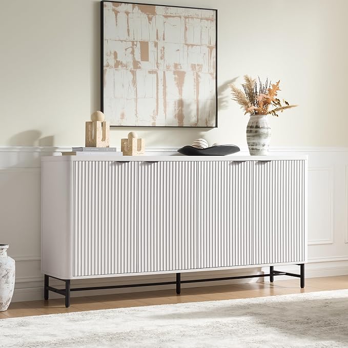 Fatmok 65" Buffet Cabinet with Storage, Fluted Credenza Sideboard with 4 Doors - Image 3