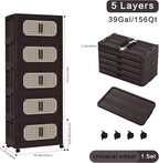 Folding Storage Cabinet with Wheels, 5-Tier Narrow Retro Brown Storage Tower - Image 2