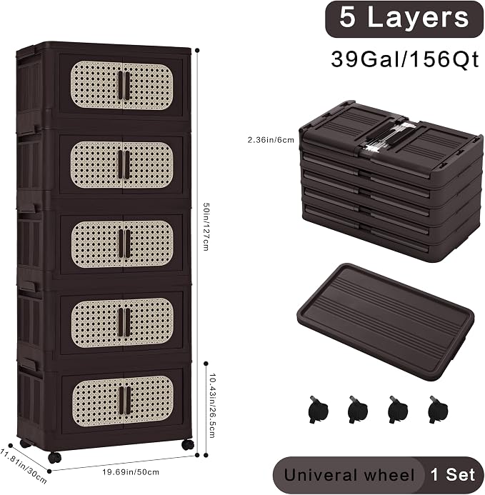 Folding Storage Cabinet with Wheels, 5-Tier Narrow Retro Brown Storage Tower - Image 2