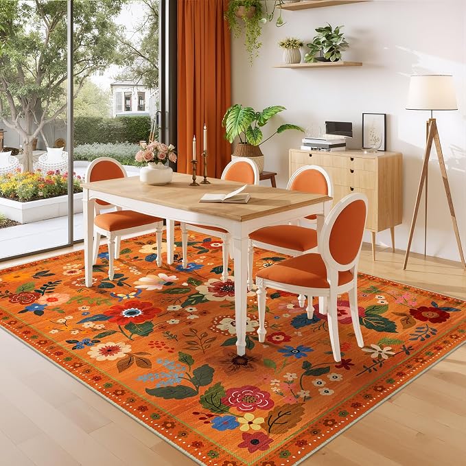RELEANY Floral Washable 5x7 Area Rugs BurntOrange | Flower Carpet Print Boho - Image 9