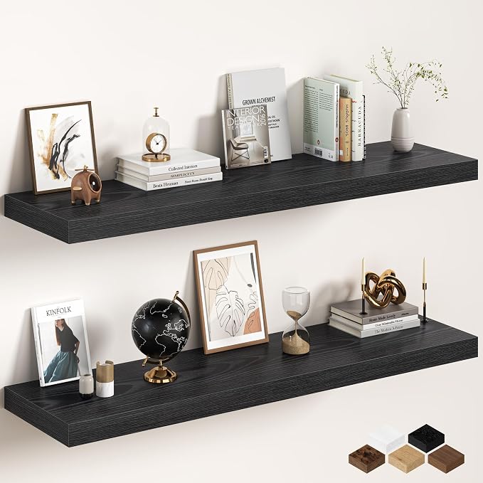 Black Floating Shelves 55Inch Long, 12 Inch Deep Floating Shelves by FunMemories