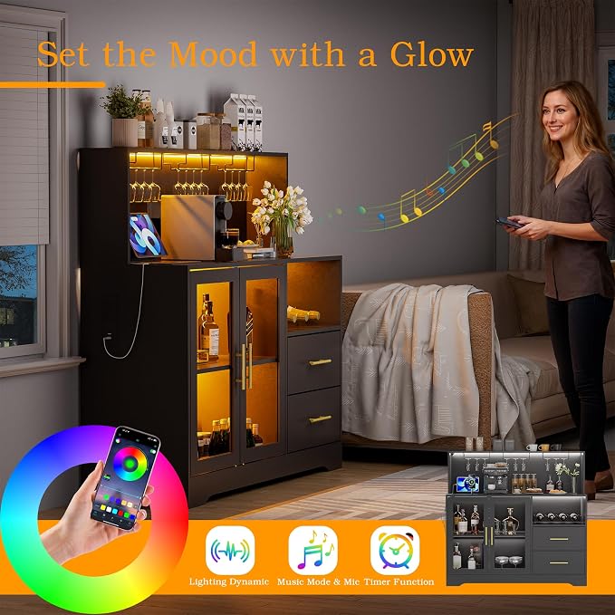 Home Bar Cabinet with Adjustable RGB LED Light, Wine & Coffee Storage with Rack - Image 6