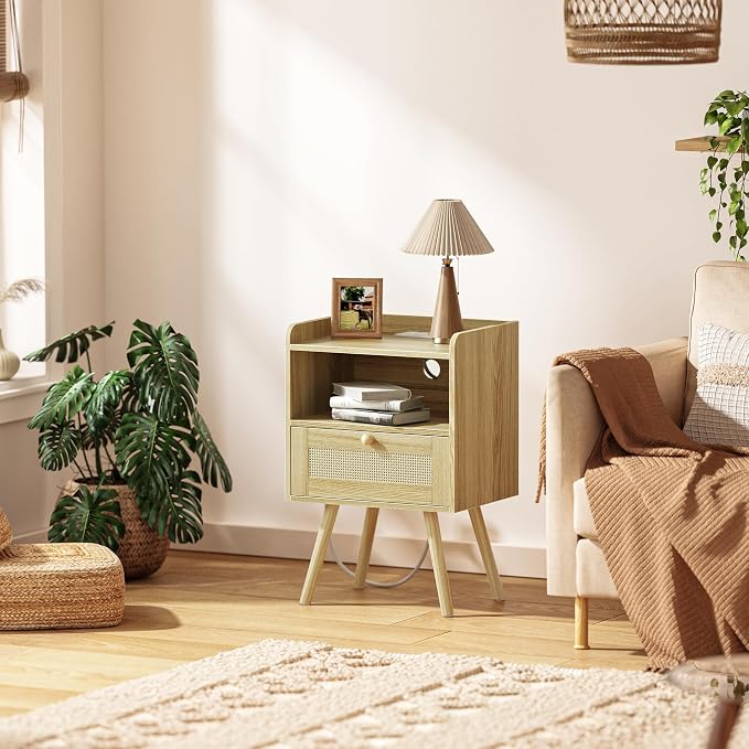 SUPERJARE Nightstand with Charging Station & Rattan-Like Decor Drawer, Rattan - Image 6