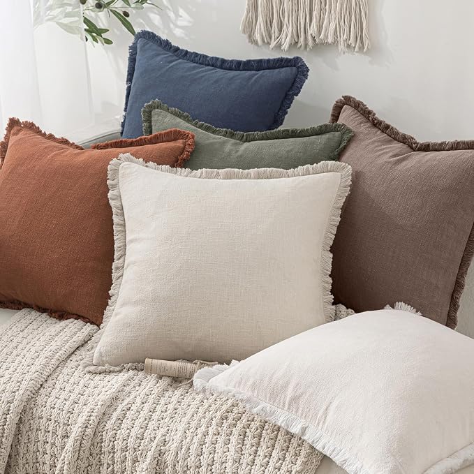 MIULEE Linen Fringe Decorative Fall Throw Pillow Covers Malt Ball 18x18 | Set - Image 6