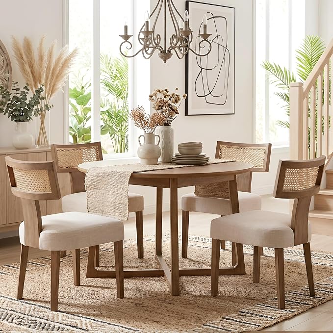 HNY Mid Century Modern Rattan Dining Chairs Set of 2, Farmhouse Linen - Image 8