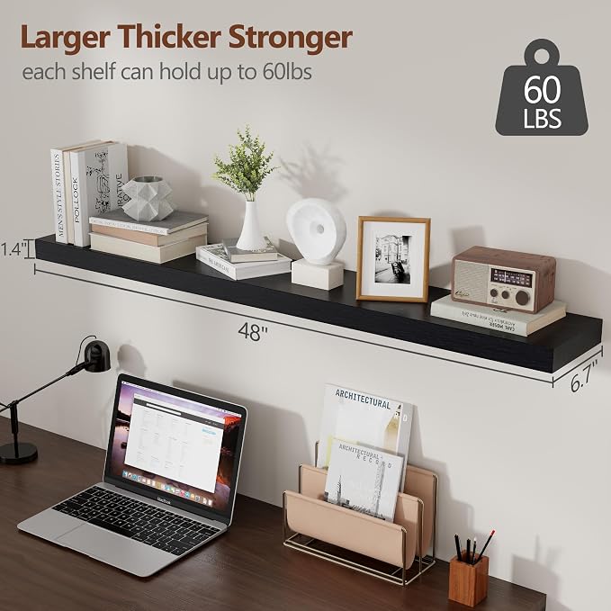 fuqing Black Floating Shelves 48 Inch, Solid Wood Wall Mounted Shelves Set of 2 - Image 3