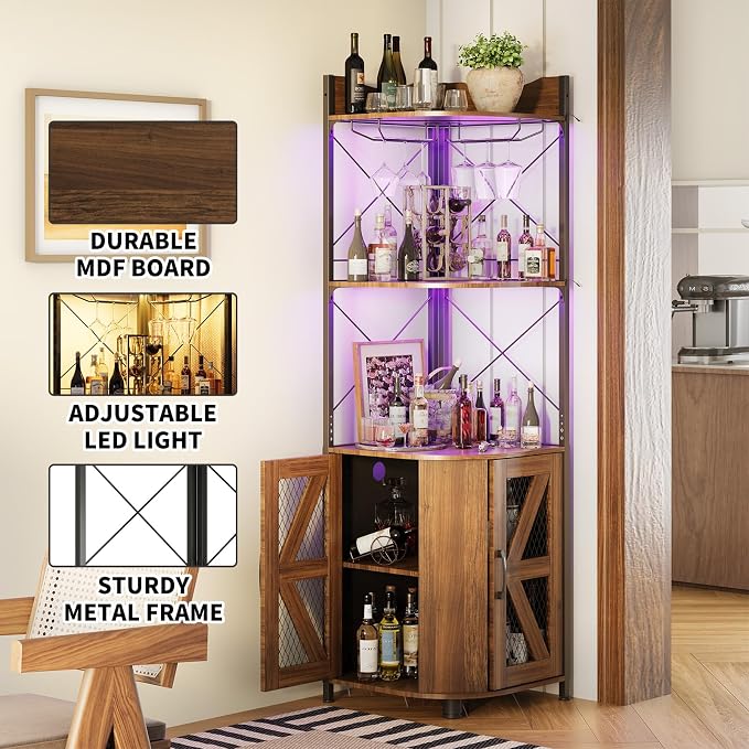Corner Bar Cabinet with LED Lights and Power Outlet, 63 Inch, 5-Tier Industrial - Image 5
