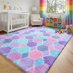 Checkered Purple Rainbow Area Rugs, Fluffy 5x8 Geometric Rug Girls Bedroom | - Image 9