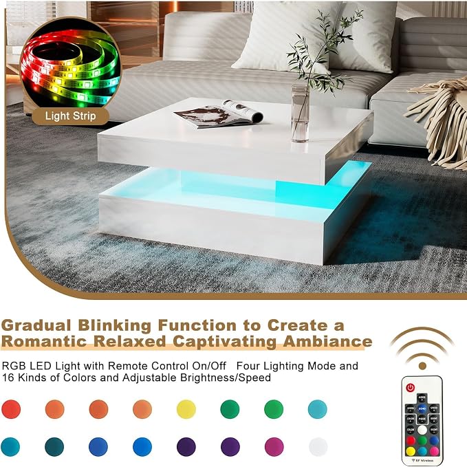 HedoAjim LED Coffee Table for Living Room, Living Room Table 2-Tier Square - Image 4