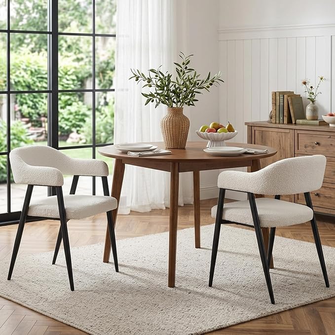 HNY Modern Dining Room Arm Chairs Set of 2, Mid-Century White Faux Sherpa by HNY
