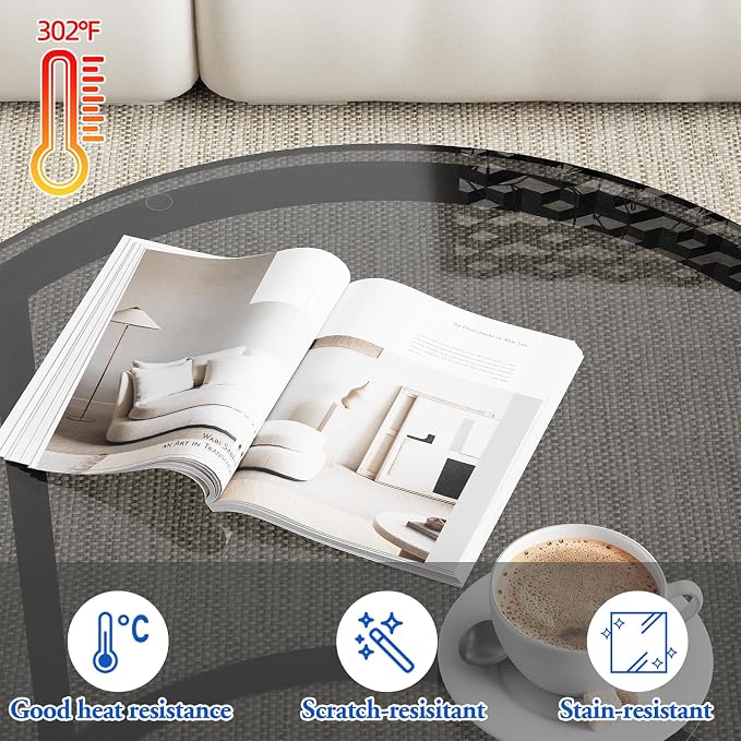 aboxoo Nesting Coffee Table Grey Glass Table Set of 2, Small Round Glass - Image 8
