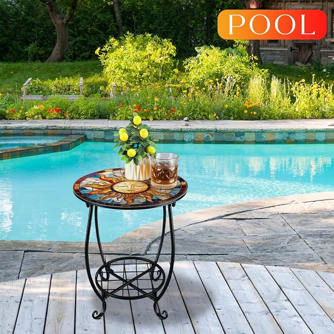 Cinnvoice Outdoor Side Table Round Small Mosaic Patio Accent Indoor End Plant - Image 5
