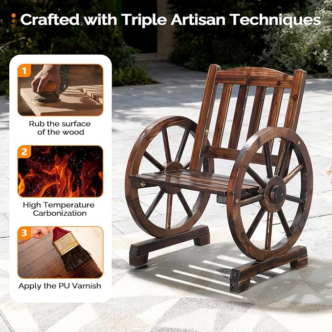 VINGLI Rustic Wooden Wheel Bench Outdoor Bench, Patio Bench Wagon Slatted Seat - Image 5