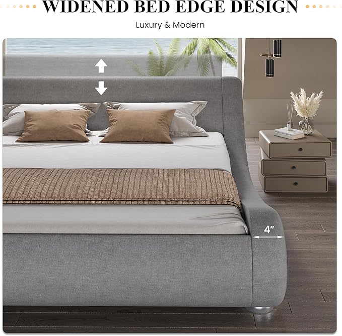 SHA CERLIN King Size Upholstered Bed Frame, Deluxe Low Profile Sleigh Bed - Image 7
