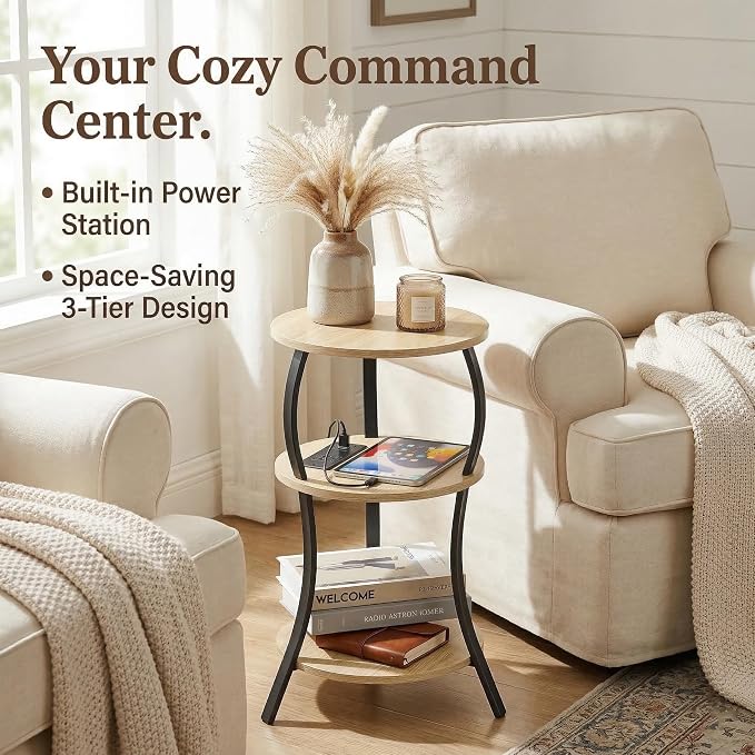 Small Round Side Table with Charging Station, 3-Tier Waist Circular End Table - Image 6