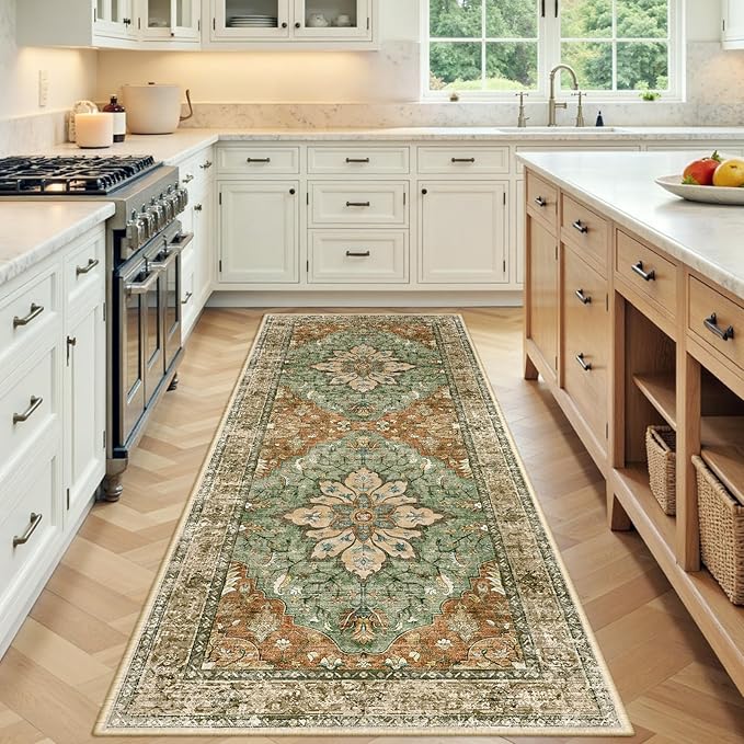 RELEANY Washable Area Rug, Runner 3'x7', Brick/Brown/Green | Non-Slip, Water by RELEANY