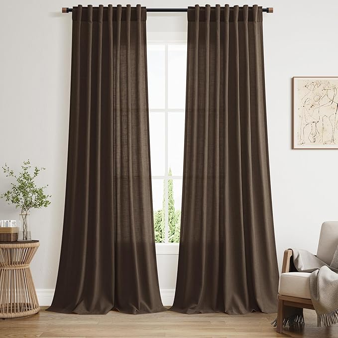 Chocolate Linen Blend Light Filtering Back Tab Curtains 96 Inches Long by Nanspring