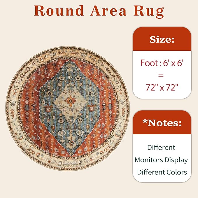 SERISSA 6ft Washable Non Slip Round Boho Area Rug - Image 6