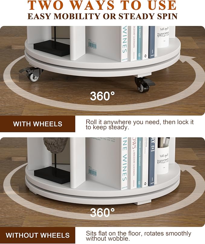 4-Tier Solid Wood Rotating Bookshelf on Wheels, 360° Spinning Book Shelf Tower - Image 5