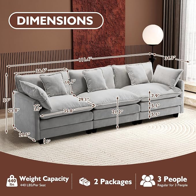 Ihanherry 111.4 Inch 3-Seater Cloud Sofa, Modular Sectional Couch, Modern Deep - Image 5