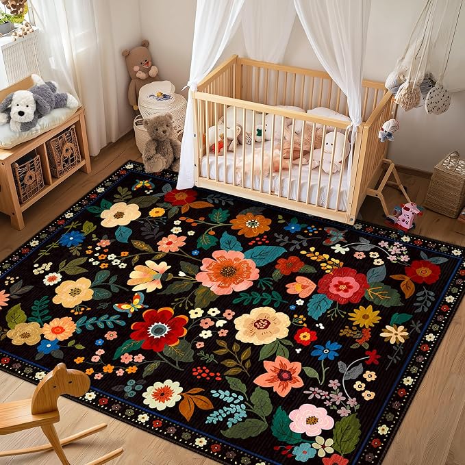 RELEANY Floral Washable 7x9 Area Rugs Black | Flower Carpet Print Boho Cute Non - Image 8
