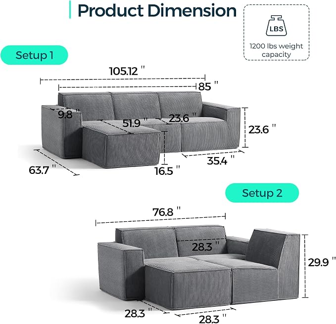 LINSY HOME Modular Sectional Sofa, Corduroy Sectional Cloud Couches - Image 2