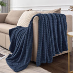 BEDELITE 3D Ribbed Navy Blue Fleece Throw Blanket - Image 9