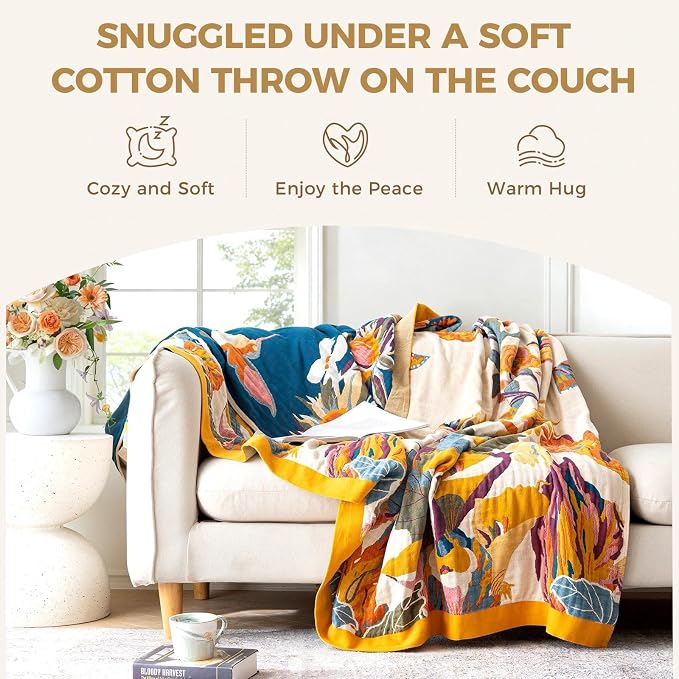LUTBM Boho Throw Blanket for Bed 100% Cotton Soft Lightweight Quilt Floral - Image 4