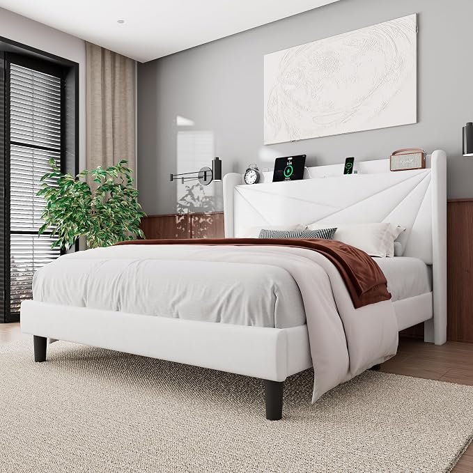 Feonase Full Bed Frame with Charging Station, Velvet Upholstered Platform - Image 8