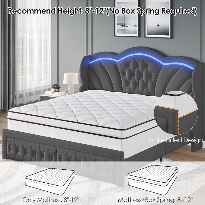 Keyluv Queen Bed Frame with LED Lights and 2 Storage Drawers, Velvet - Image 7