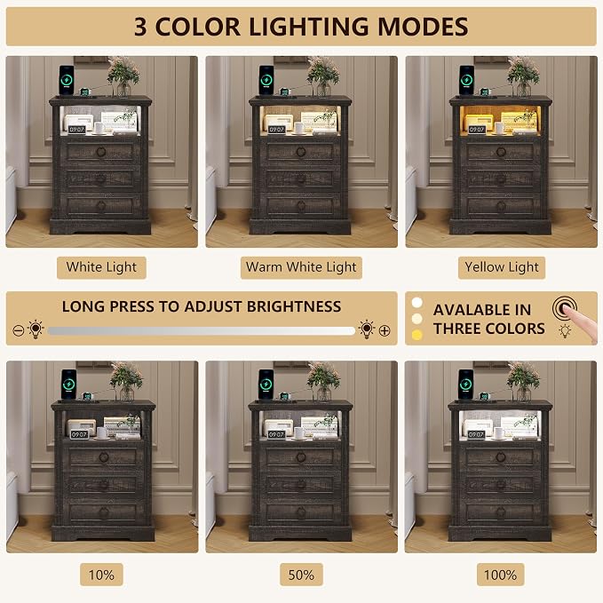 Nightstand with Charging Station, Farmhouse End Side Table with 3 Drawers and - Image 4
