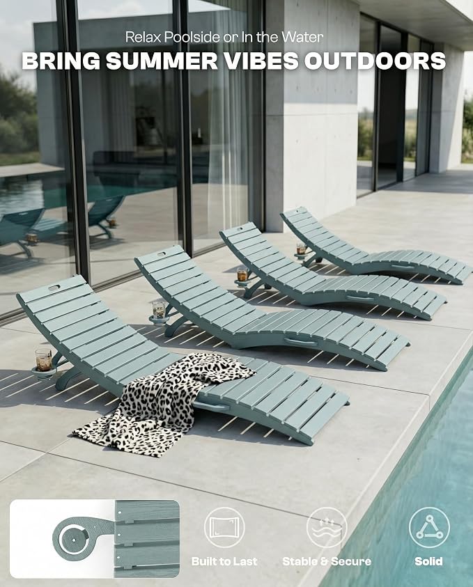 Folding HDPE Pool Lounge Chairs Set of 4, Pre-Assembled Outdoor Chaise Lounge - Image 6