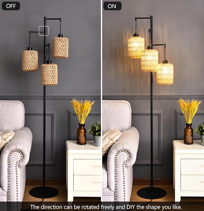 QIYIZM Floor Lamp for Living Room, 3-Lights Boho Rattan Tree Floor Lights - Image 2