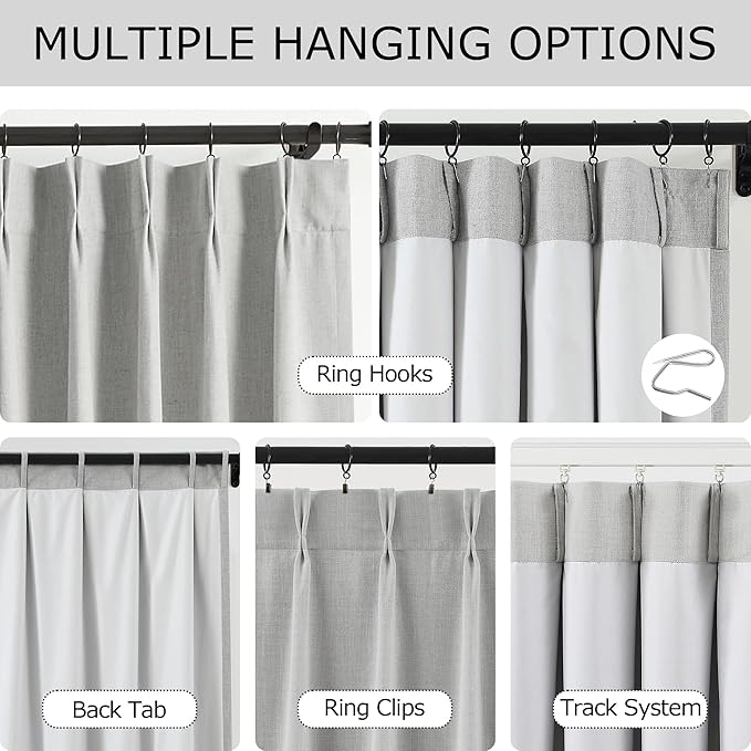 Vision Home Light Grey Pinch Pleated Full Blackout Curtains Linen Blended 60" - Image 4