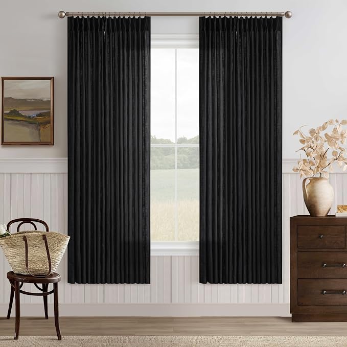 72 Inch Black Linen Blend Pleated Semi Sheer Privacy Curtains 50 Inch Wide | by Twodrapes