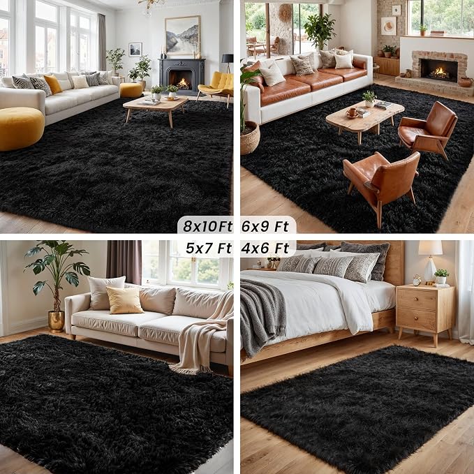4x6 Fluffy Shag Area Rugs for Living Room Bedroom: Soft Plush Carpet Black | - Image 7
