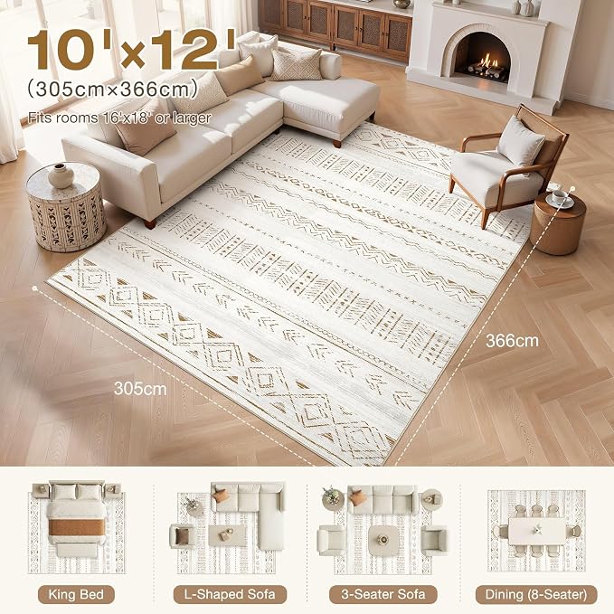 cotiled Boho 10x12 Area Rug for Living Room: Large Moroccan Washable Rug | - Image 8