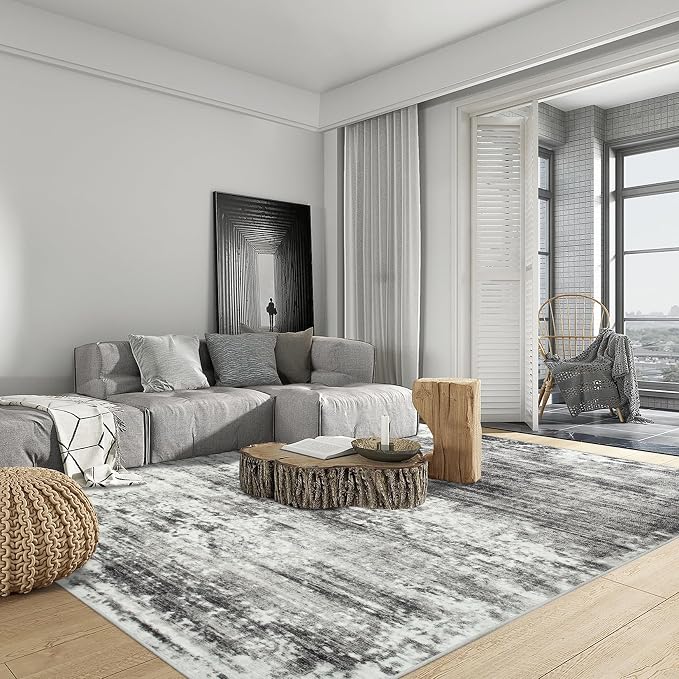 4x6 Area Rugs for Living Room: Washable Abstract Black Grey Badroom Carpet | - Image 2
