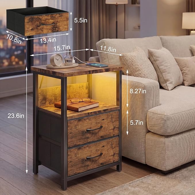 Fixwal Night Stand with Charging Station, LED Nightstand with U-S-B Ports and - Image 3