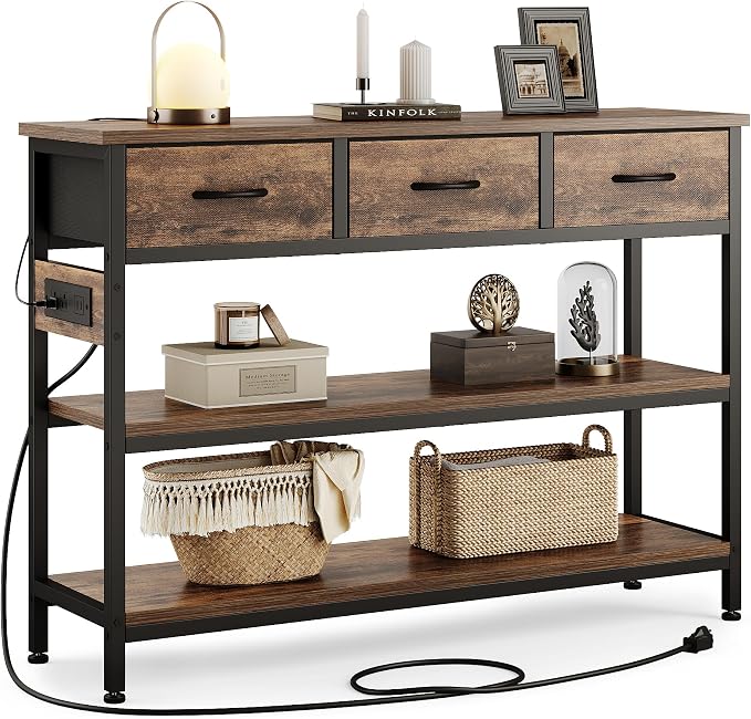 Lulive Entryway Table with Power Outlets, Console Table with 3 Fabric Drawers by Lulive