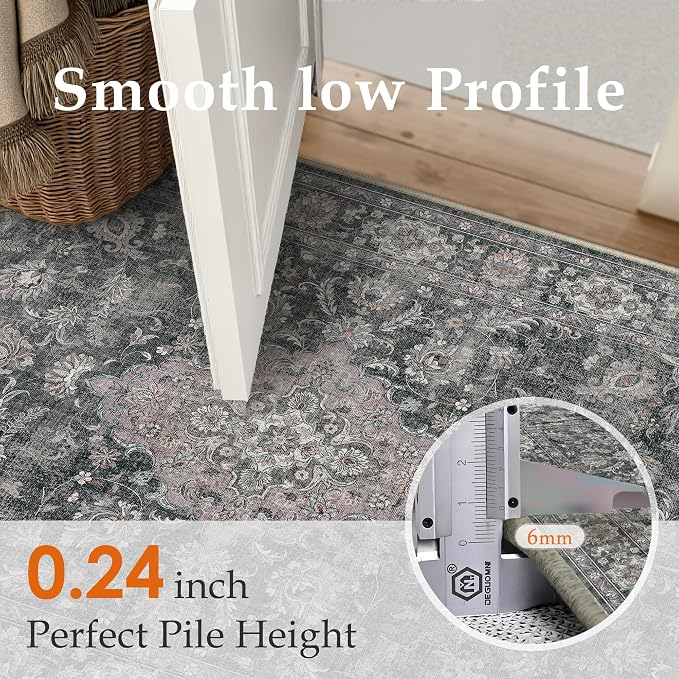 6x9 Black Grey Retro Floral Washable Area Rug - Image 5