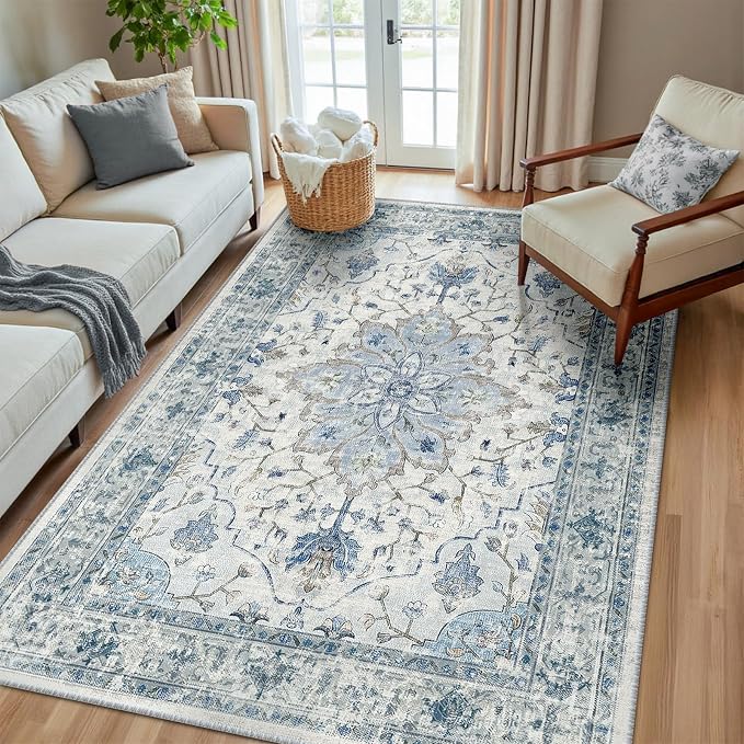 RELEANY Area Rugs 6'x8' Washable Non-Slip, Floral Vintage Distress Print by RELEANY