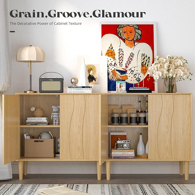 Easyego 63″ Mid Century Modern Sideboard Buffet Cabinet, Natural Wood Accent - Image 3