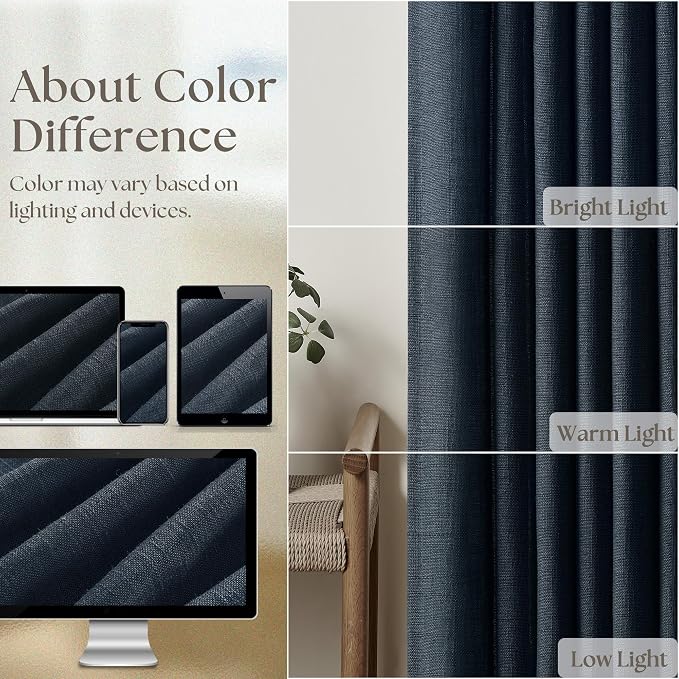 Navy 90 Inch Linen Semi Sheer Curtains Pinch Pleated 2 Panels | Light Filtering - Image 4