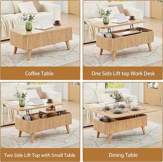 3 in 1 Lift Top Coffee Table, Fluted Convertible Coffee Tables Converts to - Image 4
