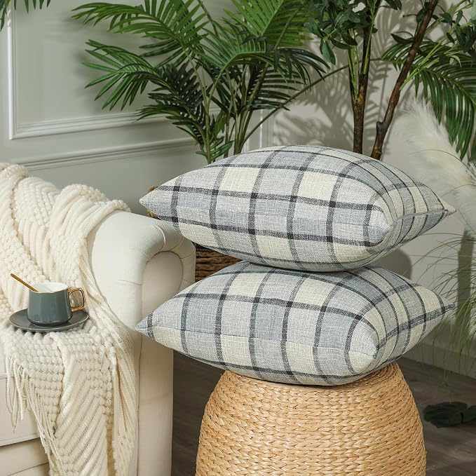 Stellhome Pack of 2 Linen Buffalo Check Throw Pillow Covers Farmhouse Plaid - Image 2